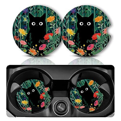Yonlevres Car Coasters for Cup Holders, Flower Black Cat, 2 Pack - color: Flower Balck Cat