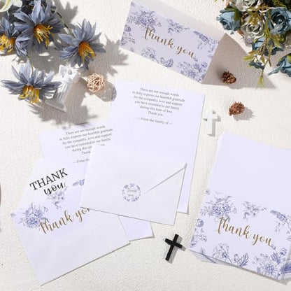 Fumete 50 Set Funeral Thank You Cards, Blue Floral - style: Blue Floral