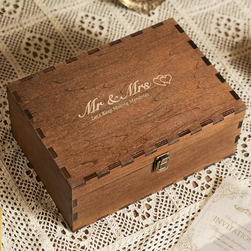 AW BRIDAL Mr and Mrs Wedding Keepsake Box Large for Couples, Wooden Engraved Memory Boxes with Lids, Bridal Shower Gifts for Bride, Engamement Gifts for Engaged Couple, Storage and Decorative Chest - color: Large Mr & Mrs Let's keep making memories