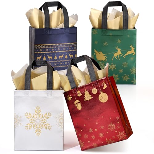 STYPOP 32 Pack 10" Christmas Gift Bags Medium Size with Tissue Paper, Reusable Non-Woven Christmas Tote Bags with Handles, Perfect for Holiday Gift Wrap/Party Favor Supplies, 10.2" × 8.3" × 4" - color: 32 PACK