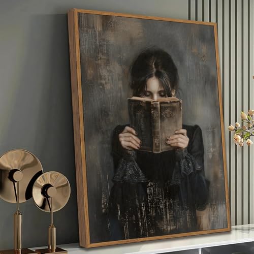 Dark Academia Lady Reading Framed Canvas Wall Art 16x24 inch - color: Black dress, size: 16"x24" Natural