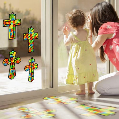 Lonfliness 32 Set Cross Suncatchers Craft DIY Religious VBS Window Stain Glass Effect Paper Christian Home Sunday Easter Decorations Art Craft Creative Activity Project Gift Favor - style: Cross