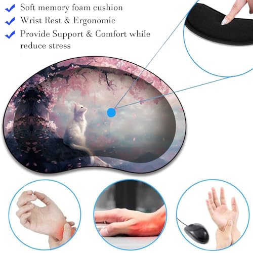 Mouse Pad 9.4"x7.9" + Wrist Support Pad + Embroidered Cup Pad Non-Slip Set, Ergonomic Mouse Wrist Support Pad, Suitable for Office/Gaming/Home Use, Cherry Blossom Cat - color: Cherry Blossom Cat