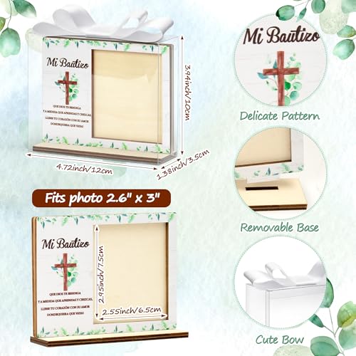 CJiangpo Spanish Baptism Picture Frame - 12 Set Catholic Mi Bautizo Gifts for Baby, Baby Shower Favor Cross Wood Photo Frame with Bows and Clear Plastic Boxes Religious First Communion keepsake - color: Eucalyptus Leaf