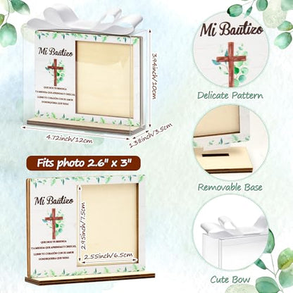 CJiangpo Spanish Baptism Picture Frame - 12 Set Catholic Mi Bautizo Gifts for Baby, Baby Shower Favor Cross Wood Photo Frame with Bows and Clear Plastic Boxes Religious First Communion keepsake - color: Eucalyptus Leaf