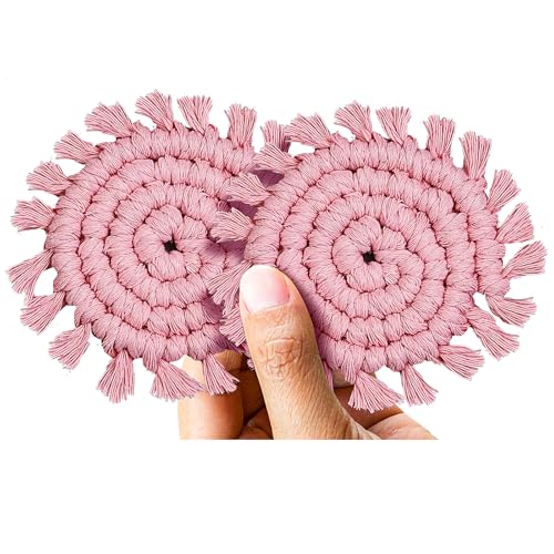 Cotton Car Coasters for Cup Holders, 2 Pack Car Cup Coasters Drink Holder Cute Macrame Boho Cup Holders Car Interior Accessories for Women, Girl-Pink - color: Pink