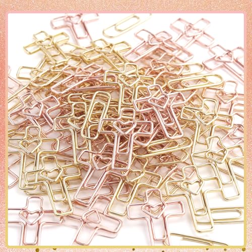 100 PCS Heart Cross Paper Clips for Bible Study Supplies,Christian Gifts,Jesus Bible Stuff Bookmark journaling Supplies Accessories, Easter Eggs fillers, Teacher Gifts (Gold and Rose) - color: Gold and Rose