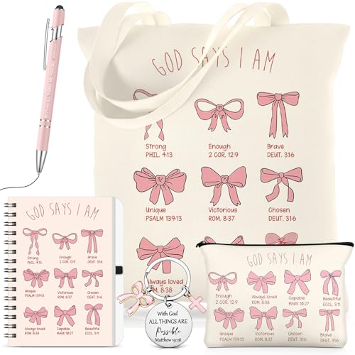 Kinlop 5 Pcs Pink Bow Tote Bag Set Canvas Cosmetic Bag Notebook Pen - color: Pink, style: Pink Bow