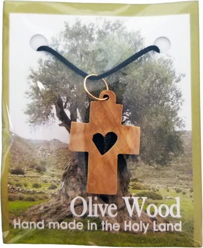 Logos Trading Post Heart Cross, Wooden Cross Necklace for Men & Women, Certified Holy Land Olive Wood Orthodox Pendant Necklace from Bethlehem Israel, Christian & Catholic Religious Keepsake Gift