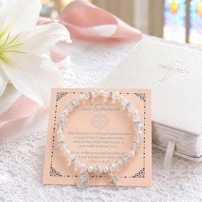 Women Stretch Rosary Bracelet Beaded Crucifix & Miraculous Medal - color: HOLY1