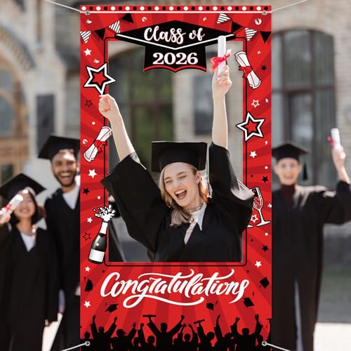 WovWeave Class of 2026 Graduation Photo Booth Frame 71x39 Inch - Red Black Large Fabric Selfie Backdrop Props for High School College Grad Party Decorations Indoor Outdoor Picture Background - style: Red Black Grad