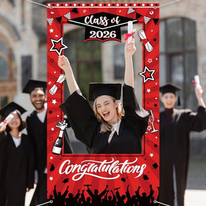 WovWeave Class of 2026 Graduation Photo Booth Frame 71x39 Inch - Red Black Large Fabric Selfie Backdrop Props for High School College Grad Party Decorations Indoor Outdoor Picture Background - style: Red Black Grad