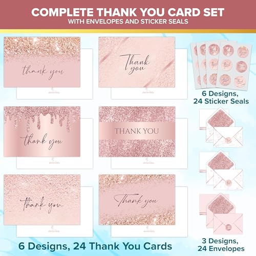 Decorably 24 Pack Glittery 6x4in Pink Rose Gold Thank You Cards - style: Rose Gold