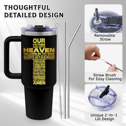 Christian Gifts for Men, Jesus 40 oz Tumbler with Handle & Straw - color: Black-Cross-NX