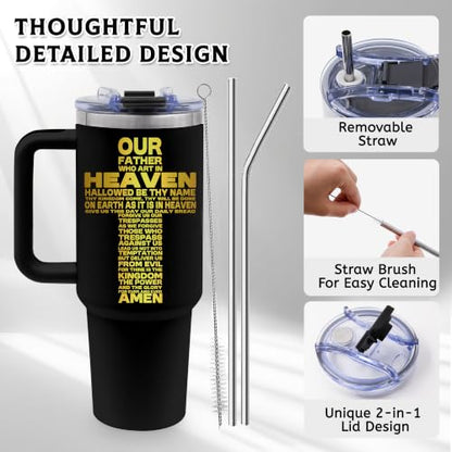 Christian Gifts for Men, Jesus 40 oz Tumbler with Handle & Straw - color: Black-Cross-NX