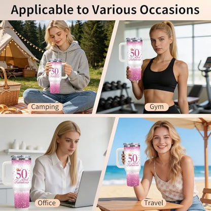 50th Birthday Gifts for Women Her, 1976 50th Birthday Tumbler 40 oz with Handle and Straw, 50 Year Old Gift for Women Mom Wife Sister Friend - Fifty and Fabulous Tumblers - color: Fifty1