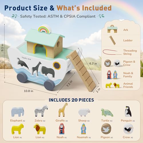 GiggleGems Noah's Ark Wooden Toy - All-in-1 Push Pull Shape Sorter for Toddlers - Montessori Animal Matching Set - Baptism Christening Gift for Birthday, Religious Toys for Boys Girls (18M+)