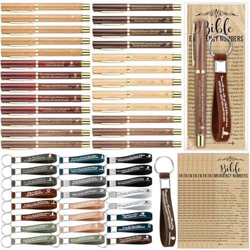 Feifeiya 25 Sets VBS Christian Church Gifts Bulk Bible Verse Plastic Gel Pen Religious Silicone Keychains Scripture Bookmarks for Men Women Empowerment Sunday Study Group Gifts(Wood Color) - color: Wood Color