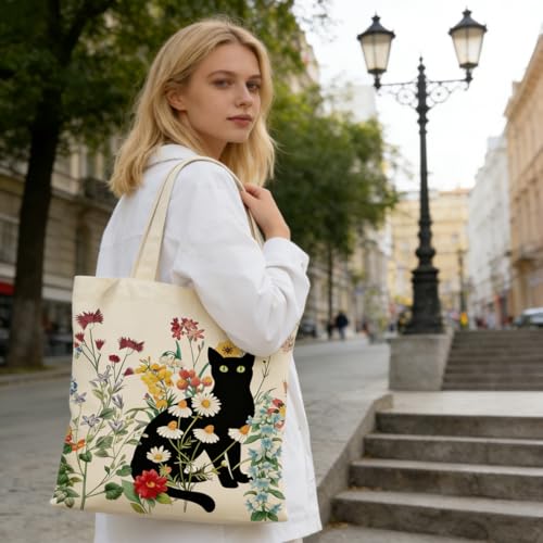 Canvas Tote Bags Reusable Shopping Bag for Women with Zippered Inner Pocket Magnetic Snap Closure - color: Black Cat 4