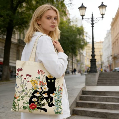 Canvas Tote Bags Reusable Shopping Bag for Women with Zippered Inner Pocket Magnetic Snap Closure - color: Black Cat 4