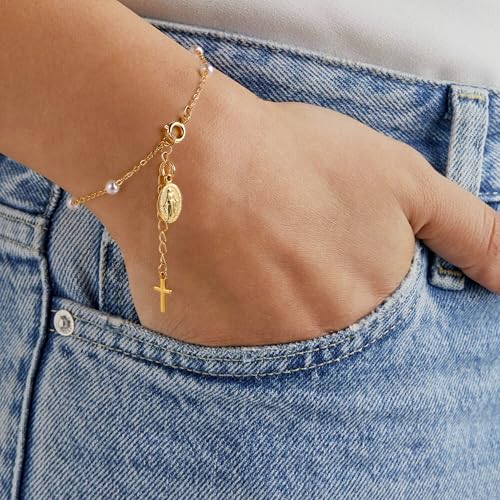 Rosary Bracelet for Women, Dainty 14K Gold Plated Virgin Mary Cross Charm Bracelet Catholic First Communion Baptism Religious Gifts for Her - color: Style A：Dainty Rosary