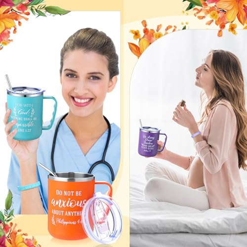Patelai 18 Pcs 17 oz Christian Coffee Mugs for Woman with Lid Straw Include 6 Religious Bible Verse Tumbler Silicone Bracelet for Spanish Friend Men Women Christmas Halloween Party Favor(Bright) - style: Bright