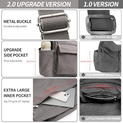 KALIDI Canvas Tote Bag Zipper Large Crossbody Shoulder Bag Messenger Bag - color: Upgraded Grey