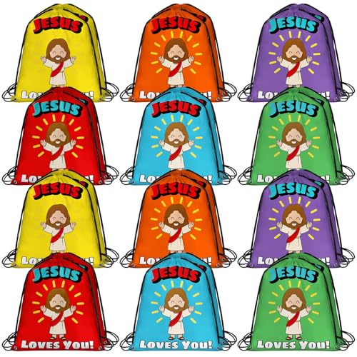 24 Pcs Religious Drawstring Bags Bulk Christian Gift Bags, Jesus Loves You Vbs Backpacks for Sunday School, Bible Drawstring Backpack Graduation Church Camp Party Favors - style: Jesus Loves You