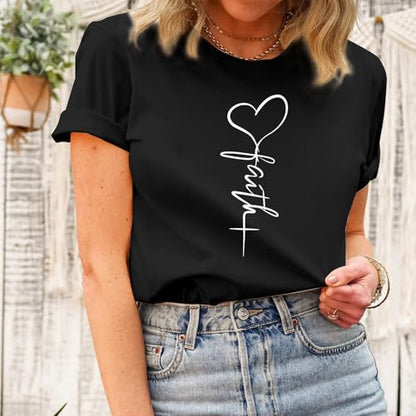 KIEKIECOO Faith Christian Shirts for Women Religious Crewneck Tshirts Cotton Graphic Tees Bible Verse Casual Summer Tops - color: Black, size: X-Large