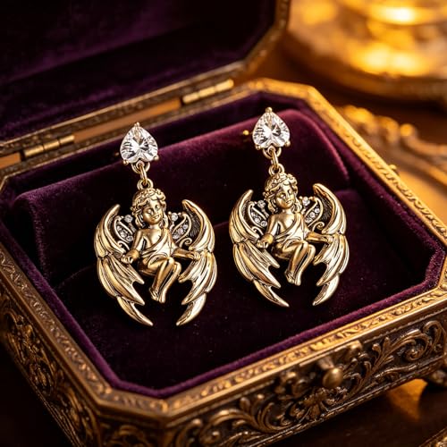 HZMAN Vintage Angel Dangle Earrings for Women, Brass Drop Earrings with Pear Cut Cubic Zirconia, Retro Baroque Religious Jewelry Gift