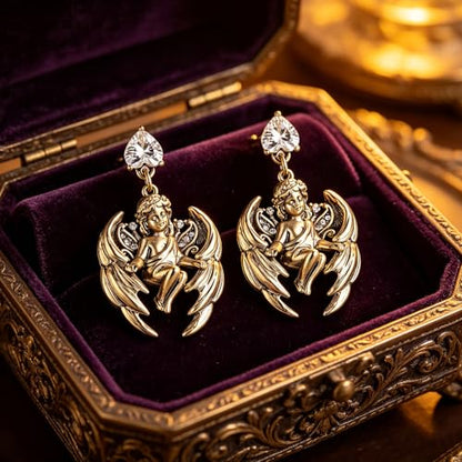 HZMAN Vintage Angel Dangle Earrings for Women, Brass Drop Earrings with Pear Cut Cubic Zirconia, Retro Baroque Religious Jewelry Gift