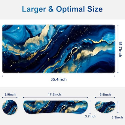 Desk Mat Pad, Gaming Mouse Pad Wrist Support Set, 4 in1 Non-Slip XXL Large Mousepad + Ergonomic Keyboard Wrist Rest+Mouse Wrist Rest+Coaster for Home Office Computer I Blue Gold Marble - color: Blue Gold Marble