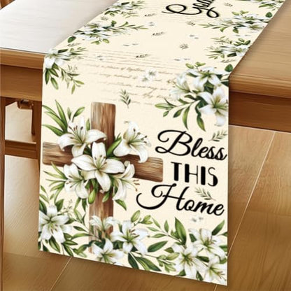 WADORN Blessed Cross Table Runner 13x72Inch Easter Olive Leaves Bless This Home God Bless Easter Kitchen Dining Decoration Spring Summer Seasonal Farmhouse Table Runner for Holiday Party - size: Bless This Home God Bless