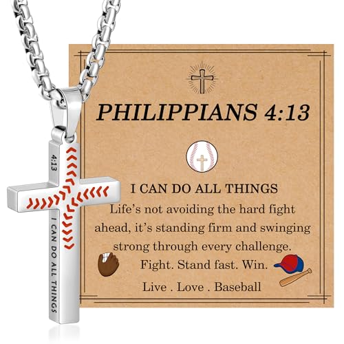 Baseball Cross Necklaces for Boys Men, Colourfast Stainless Steel Bible Verse Cross Chain Pendant Necklace Baseball Accessories Stuff Confirmation First Communion Gifts for Boys Teens - color: Silver