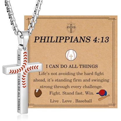 Baseball Cross Necklaces for Boys Men, Colourfast Stainless Steel Bible Verse Cross Chain Pendant Necklace Baseball Accessories Stuff Confirmation First Communion Gifts for Boys Teens - color: Silver