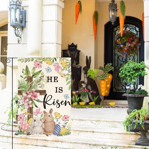 AVOIN colorlife Bunnies Cross He Is Risen Easter Garden Flag 12x18 Inch - size: Garden Size-12 x 18"