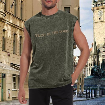 Mens Christian Tank Tops Trust in The Lord God Jesus Religious Faith Bible Verse Shirts Graphic Acid Wash Gym Tees - color: Army Green, size: Large
