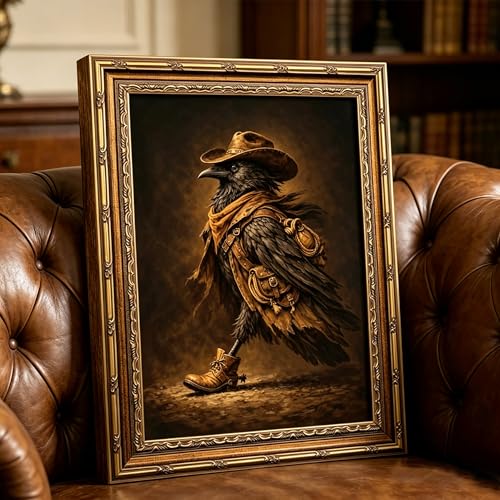 FTHMTN Whimsical Raven Wall Art,Vintage Gold Framed Crow Picture 16x24 Inch - color: Crow, size: 24"L x 16"W