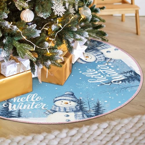 Blue Snowman Hello Winter Christmas Tree Skirt, Winter Snowflake Tree Skirt, Xmas Snowy Christmas Tree Mat Ornaments for New Year Home Party Holiday Indoor Outdoor Decor, 36 Inch - color: Winter