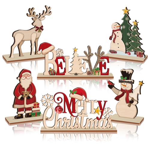 Thyle 6 Pcs Christmas Table Decorations Vintage Christmas Centerpieces for Tables Wooden Retro Snowman Tree Reindeer Santa Claus Joy Believe Tabletop Sign for Xmas Winter Holiday Dinner Party Supplies