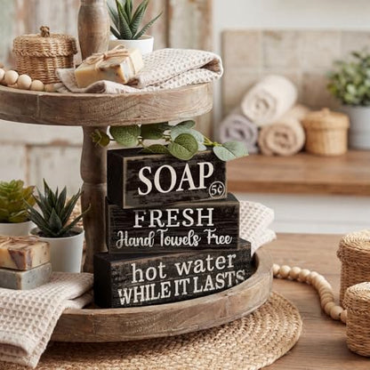 Lineshading 4 Pcs Wooden Bathroom Block Signs, Farmhouse Shelf Decor - style: Bathroom