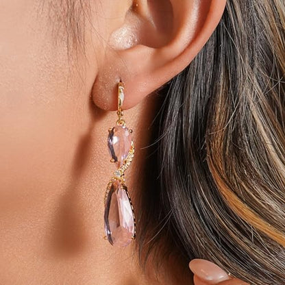 18K Gold Plated, Dangle Earrings for Women, Flower/Heart Drop earrings, Hypoallergenic Cubic Zirconia Earrings, Lightweight, Party, gold earrings, Jewelry for Gifts, Fashion - style: 7507-Pink