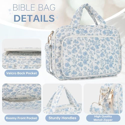 Bible Cover Case for Women Bible Study Supplies Church Camp Essentials Christian Gifts for Women Journaling Kit Quilted Large Bible Book Sleeve (Blue Flower, Large) - color: Blue Flower