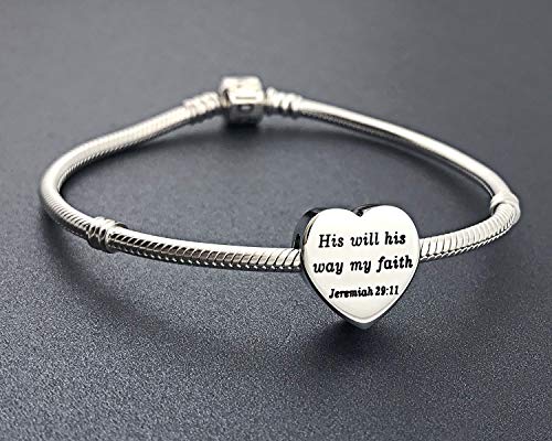 Heart Charm Fit Pandora Charms Bracelet Christian Bible Verse Charm Prayer Faith Religious Charms Gifts for Women - style: His will his way my faith Jeremiah 29:11