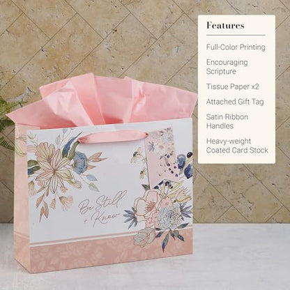 Christian Art Gifts Large White Gift Bag with Tissue, Be Still & Know - color: Be Still/White & Pink Multicolor Floral, style: Large Landscape