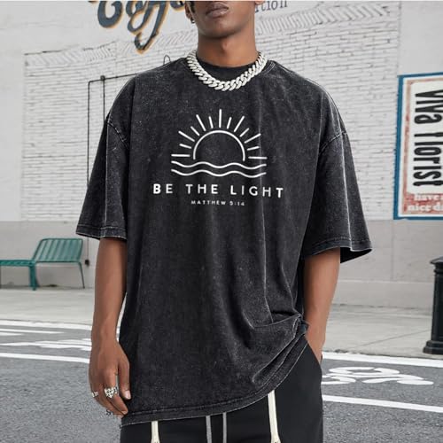 Christian Be The Light Shirts for Men Jesus God Faith Religious Bible Verse T Shirt Oversized Acid Wash Graphic Tees - color: Black, size: X-Small