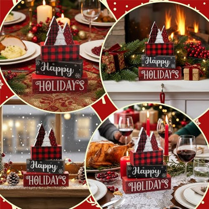 Moucuny 4 Pcs Wooden Block Signs Buffalo Plaid Holiday Farmhouse Decor - style: Buffalo Plaid
