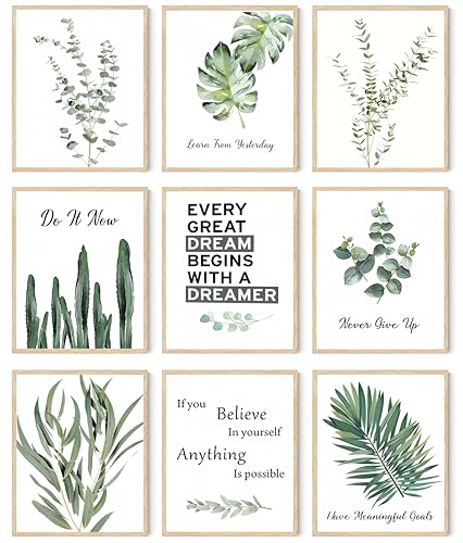 Botanical Wall Art Prints, Set of 9 Inspirational Quotes 8x10 Inch Unframed - color: green