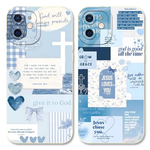 2 Pack Bible Verse Phone Case for iPhone 12 mini 5.4", Jesus Bow Heart Blue Pattern Aesthetic Design Cases Soft Silicone TPU Slim Shockproof Protective Bumper Phone Cover for Women Children - color: Heart, size: for iPhone 12 mini