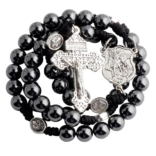 HanlinCC St.Michael Paracord Catholic Rosary Large Hematite Beads for Men